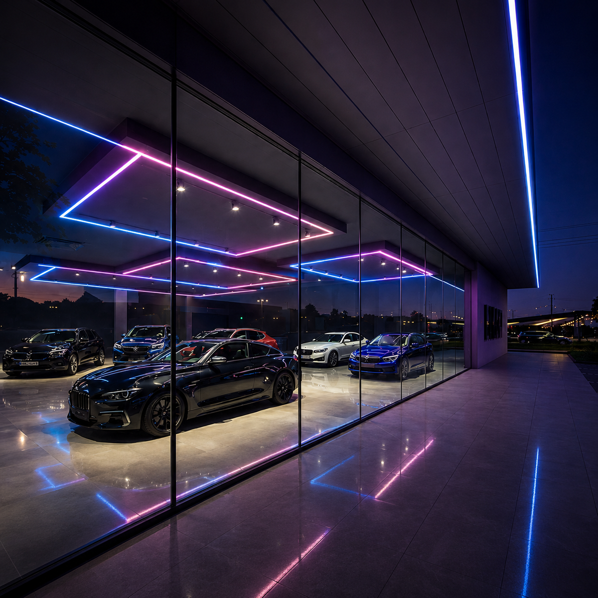 Modern commercial building illuminated with colorful LED accent lighting at night.
