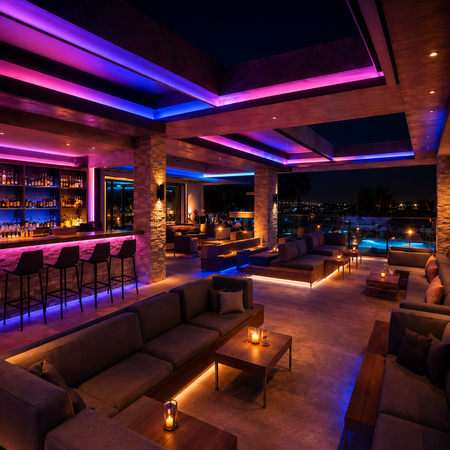 Contemporary entertainment area illuminated with RGB LED accent lighting for a dynamic atmosphere.