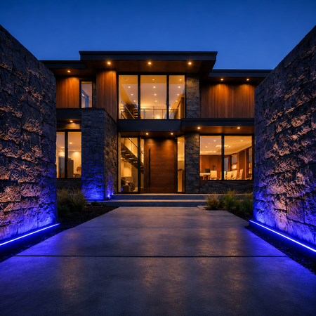 Modern home exterior illuminated with architectural LED facade lighting at night.