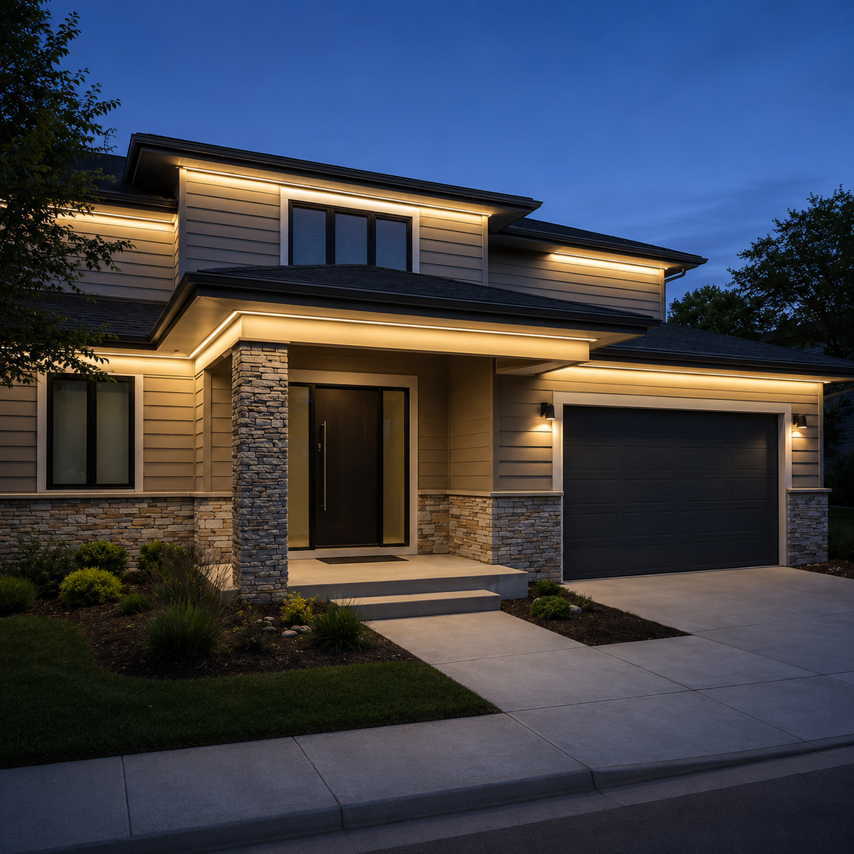 Modern home exterior enhanced with warm white LED facade lighting.
