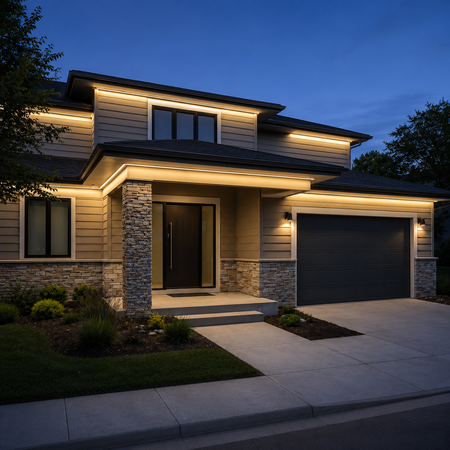 Modern home exterior enhanced with warm white LED facade lighting.