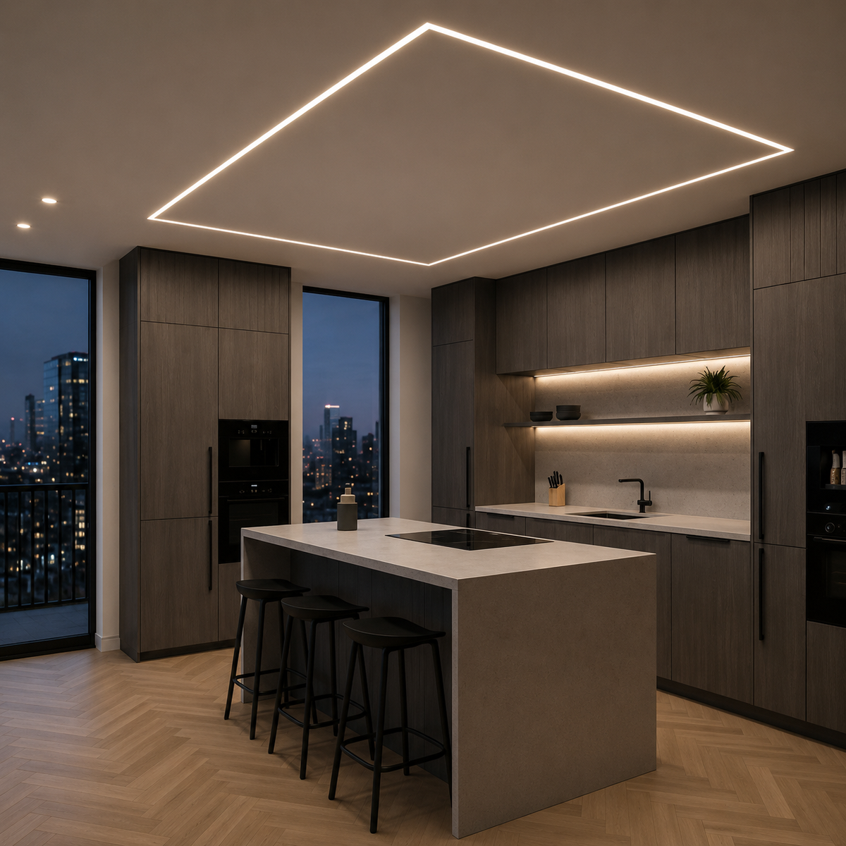 Modern kitchen featuring linear recessed LED ceiling lighting for ambient illumination.