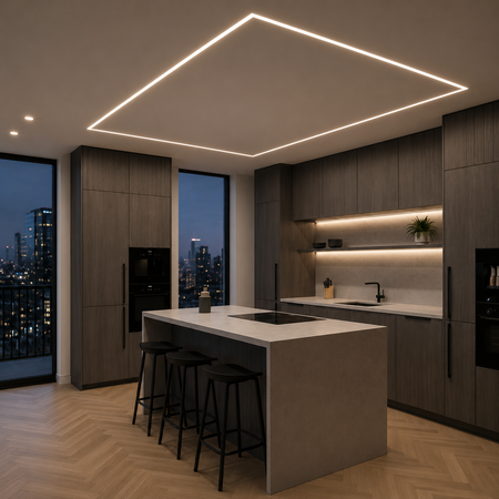 Modern kitchen featuring linear recessed LED ceiling lighting for ambient illumination.