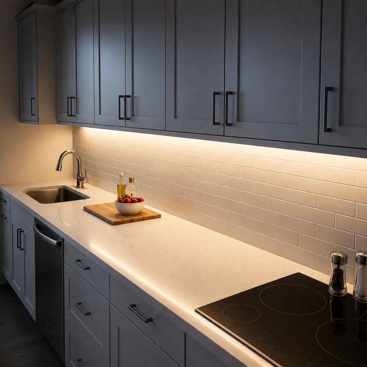 Modern kitchen illuminated with warm white under-cabinet LED lighting for task illumination.