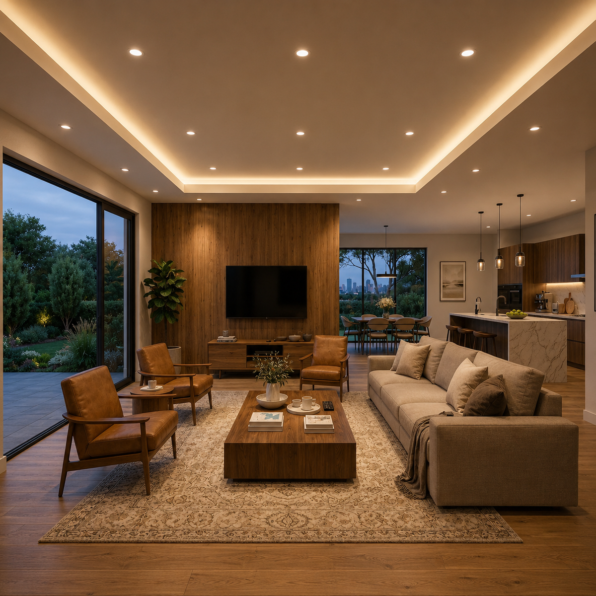 Contemporary living room illuminated with warm white LED cove lighting.