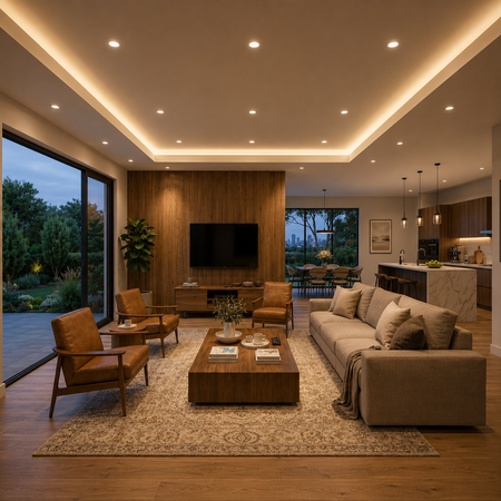 Contemporary living room illuminated with warm white LED cove lighting.