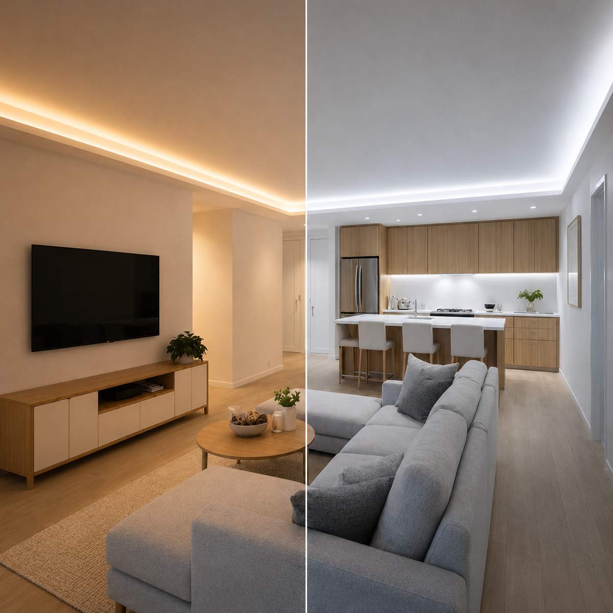 Contemporary living room featuring dimmable LED strip lighting