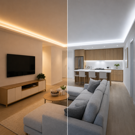 Contemporary living room featuring dimmable LED strip lighting