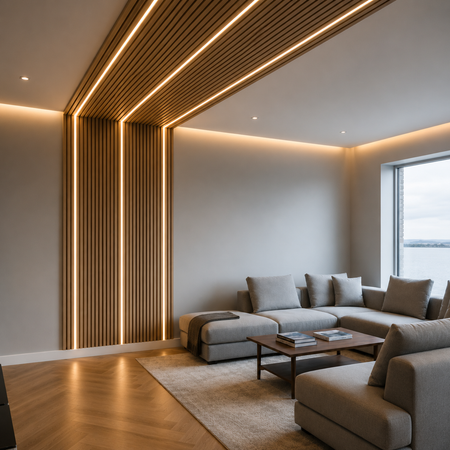 Modern living room featuring linear recessed LED ceiling lighting for elegant ambient illumination.