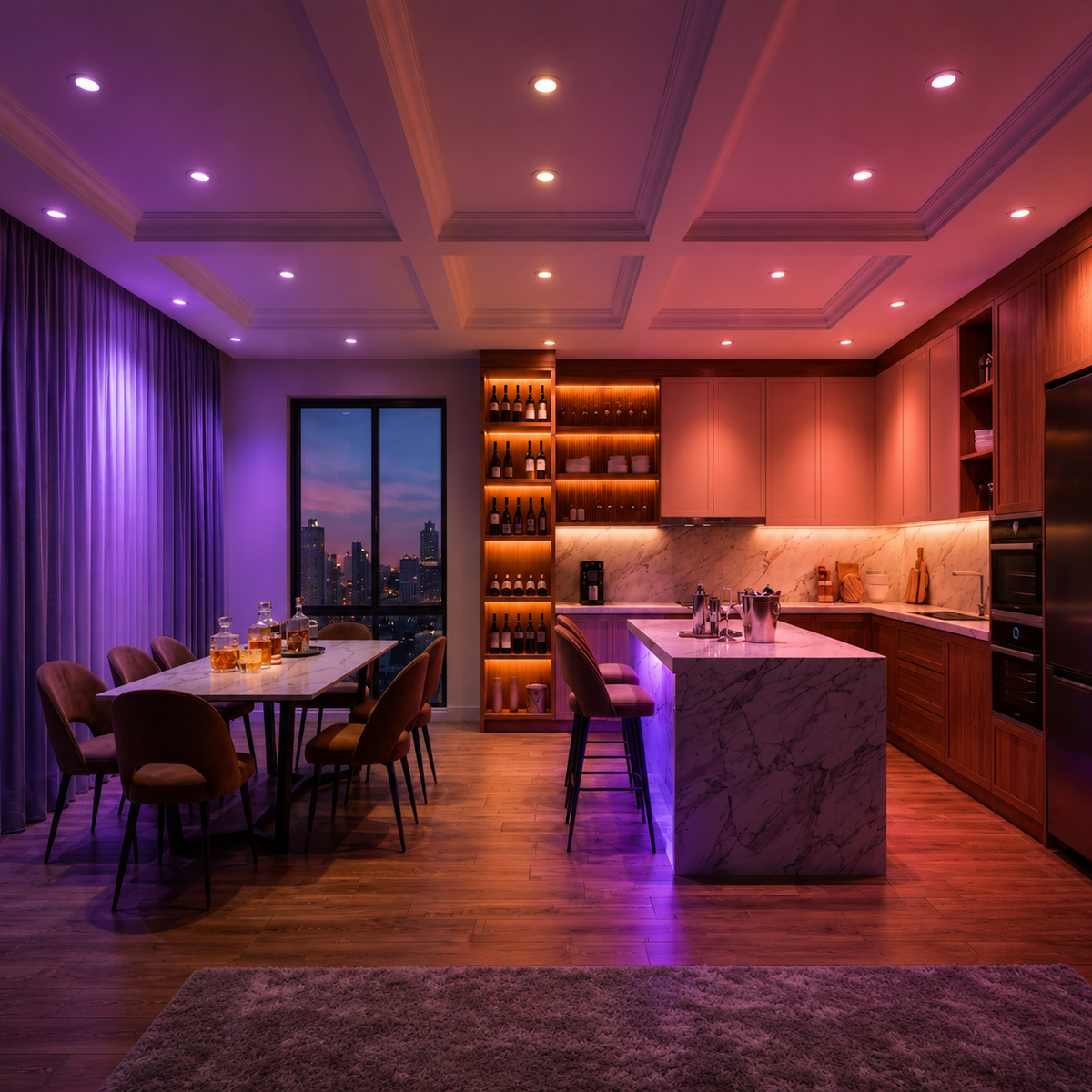 Contemporary living room illuminated with RGB LED accent lighting for a vibrant atmosphere.