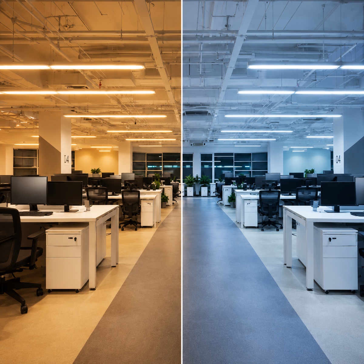 Modern office illuminated with energy-efficient LED lighting