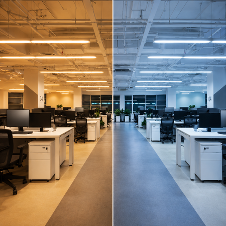 Modern office illuminated with energy-efficient LED lighting
