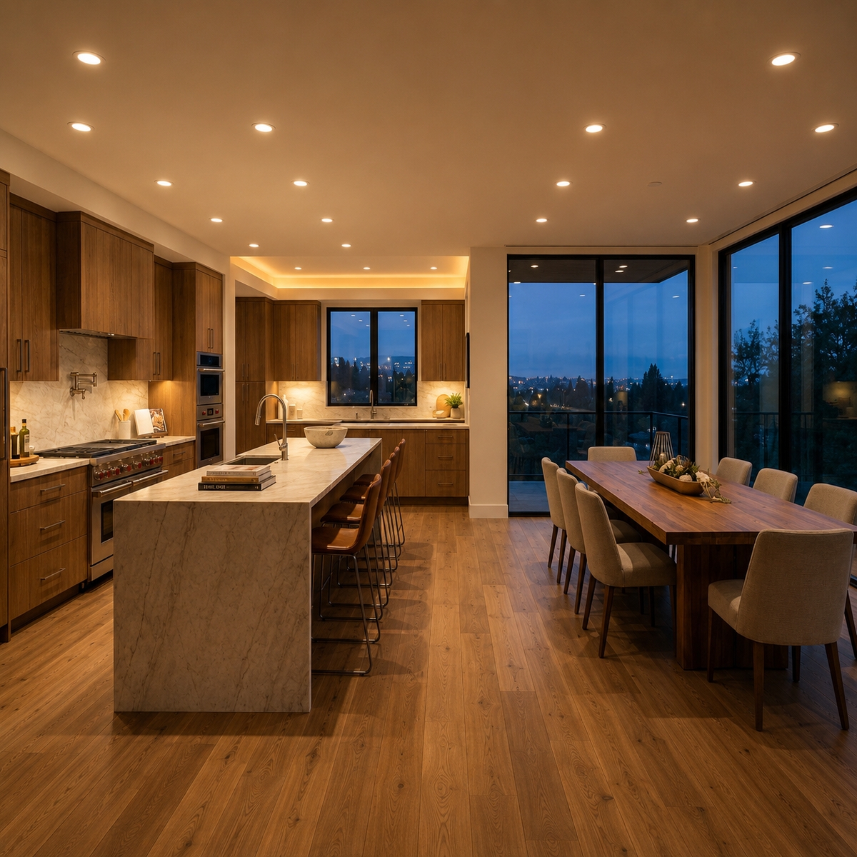 Open-concept kitchen and dining area enhanced with warm white LED cove lighting.