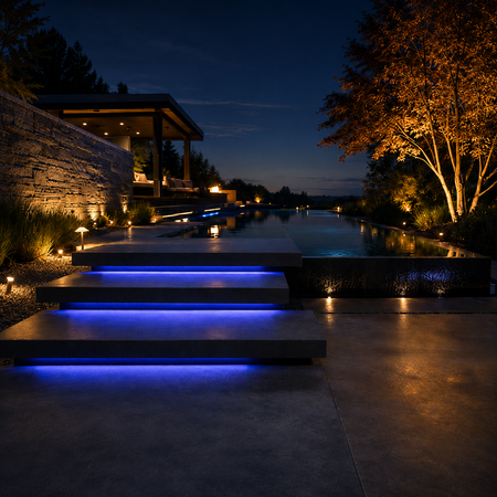 Contemporary outdoor landscape featuring blue LED accent lighting along walkways and steps.