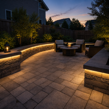 Outdoor patio pathway illuminated with warm white LED landscape lighting.