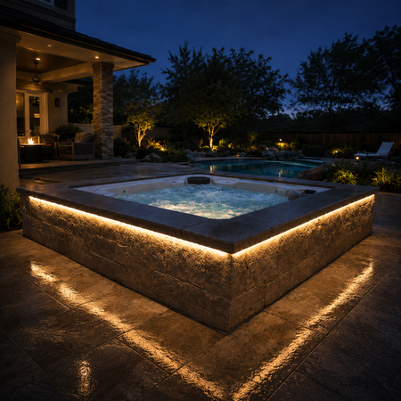 Outdoor poolside area with warm white LED landscape lighting.