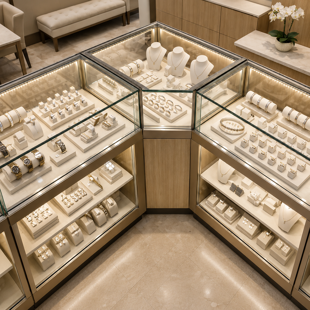 Luxury retail closet illuminated with warm white LED shelf lighting for enhanced visibility.