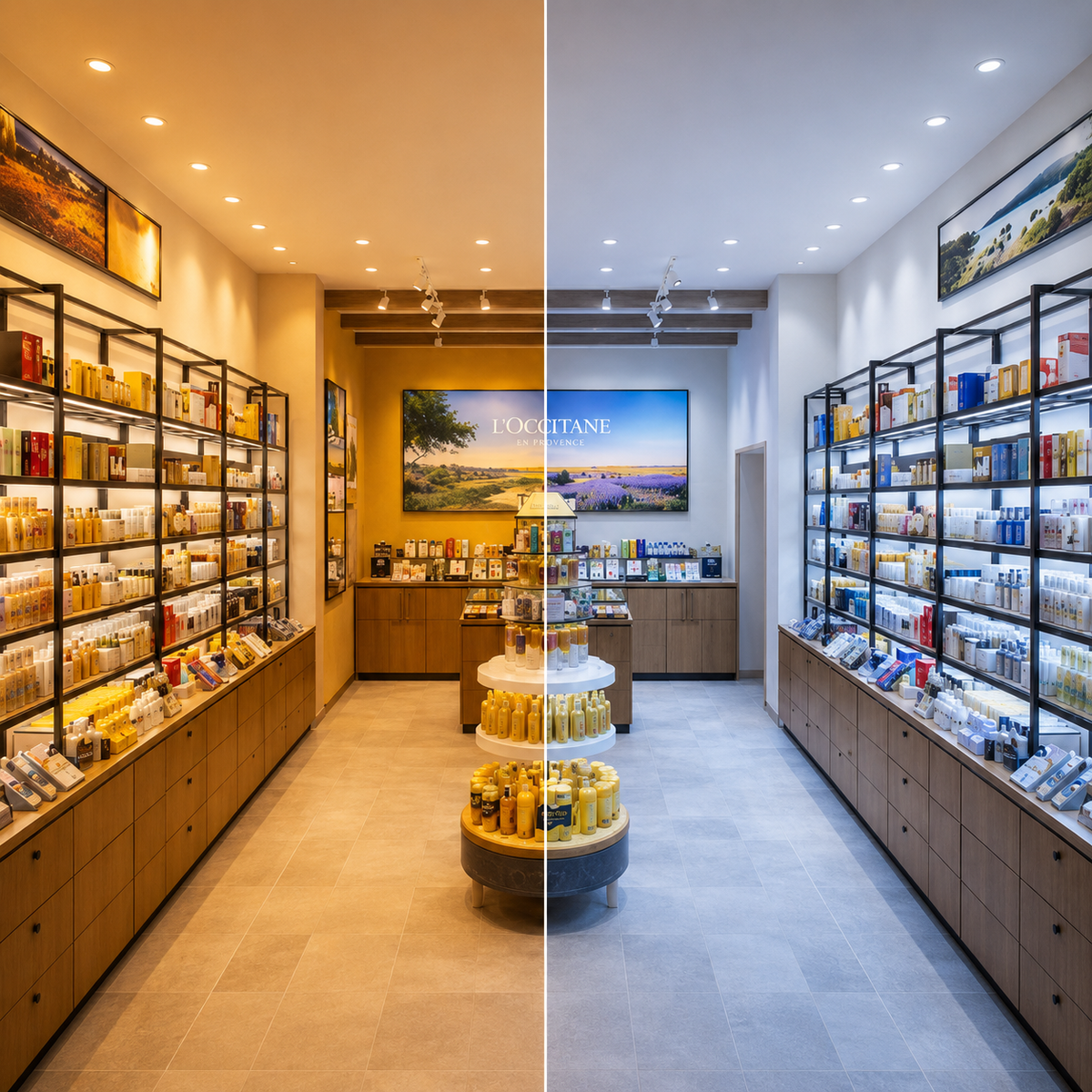 Retail shelving illuminated with LED strip lighting