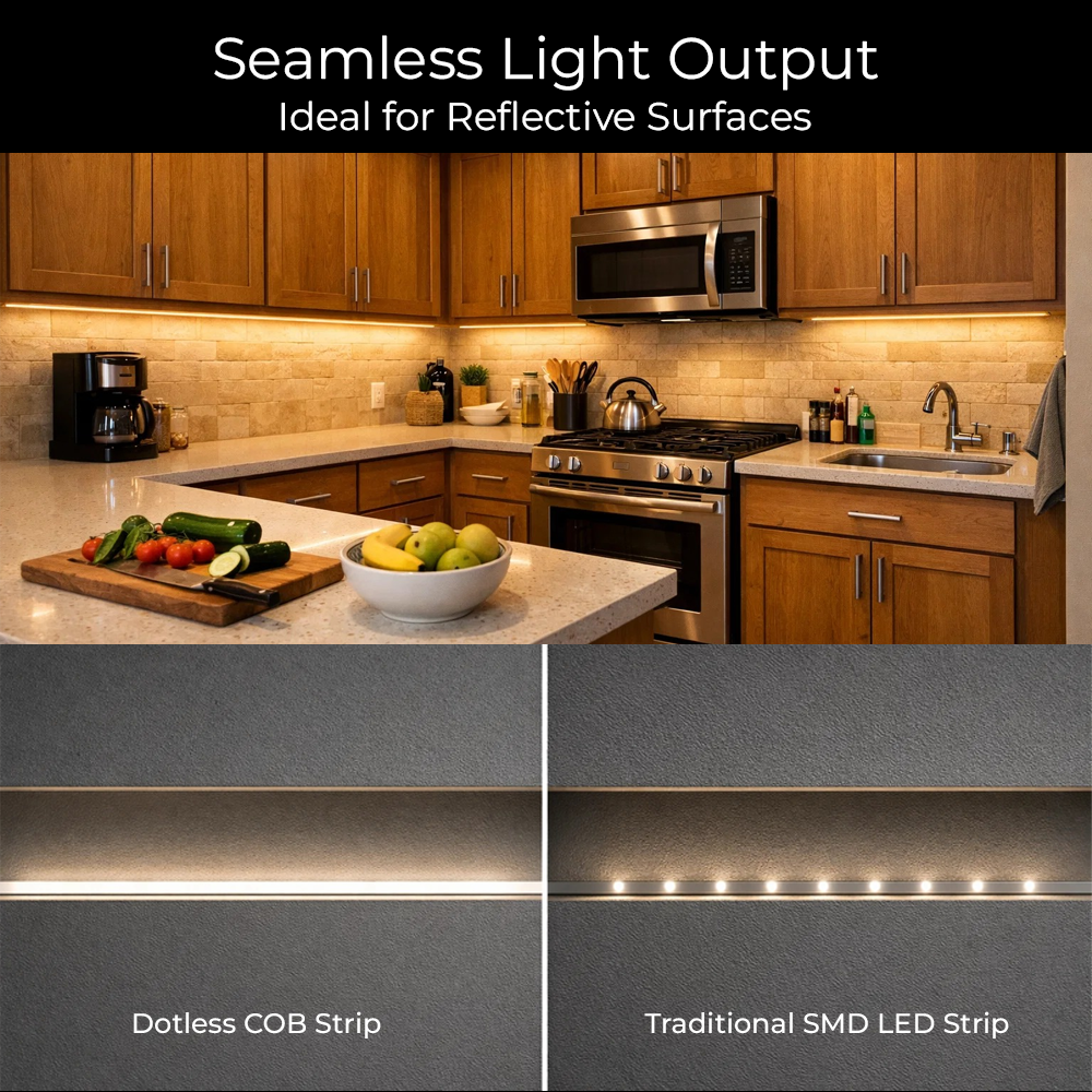 Promotional graphic for a seamless light strip LED in a modern kitchen setting, with the top half showing the light emitting from under the cabinets and the bottom half showing close-up comparison diagrams of a dotless COB strip and a traditional SMD LED strip.