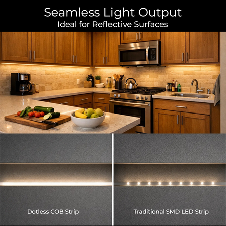 Promotional graphic for a seamless light strip LED in a modern kitchen setting, with the top half showing the light emitting from under the cabinets and the bottom half showing close-up comparison diagrams of a dotless COB strip and a traditional SMD LED strip.