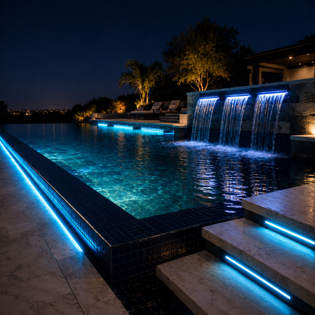 Modern swimming pool enhanced with blue LED accent lighting for outdoor ambiance.