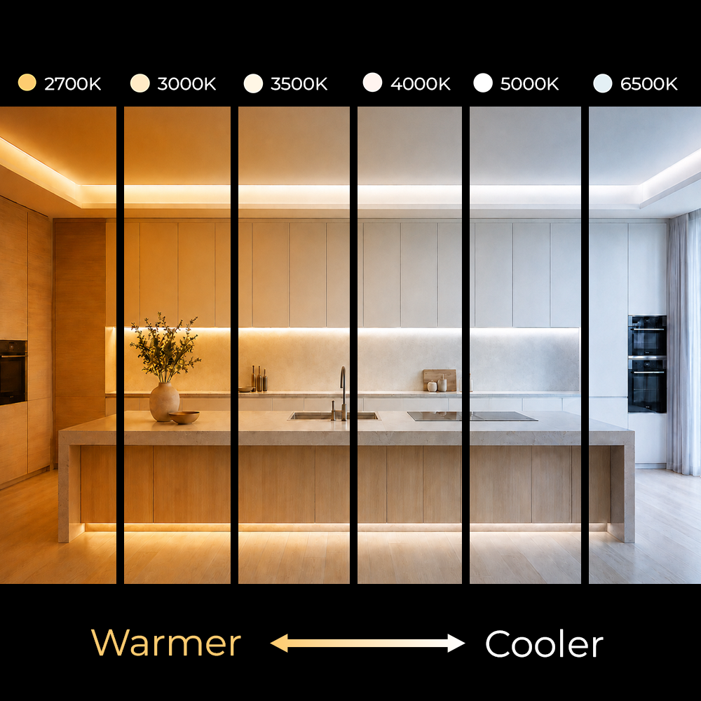 A vertical infographic showing six lighting color temperature presets labeled 2700K, 3000K, 3500K, 4000K, 5000K, and 6500K, ranging from warm amber tones to cool white. The left side demonstrates a kitchen scene with warm lighting, and the right side shows the same kitchen with cool, neutral lighting.